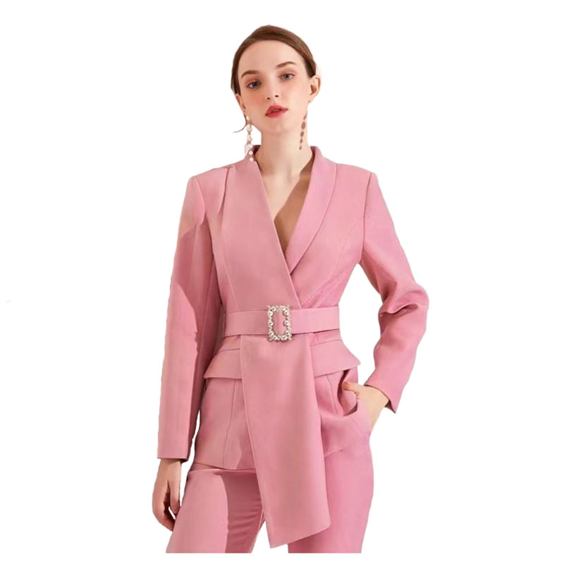 High Quality Women Belt Business Attire blazers Trousers Suits Set 2 Piece Elegant Slim Fit Pink Formal Office Lady Blazer Suits