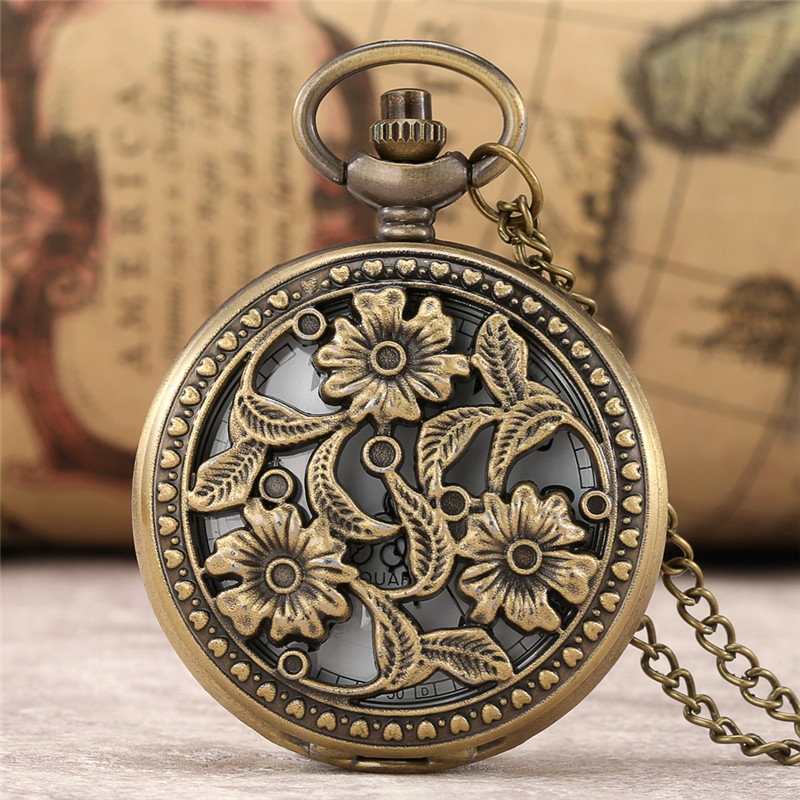 Classic Hollow-Out Flower Case Men Women Bronze Quartz Movement Pocket Watch Arabic Number Display Watches with Long Chain Gift