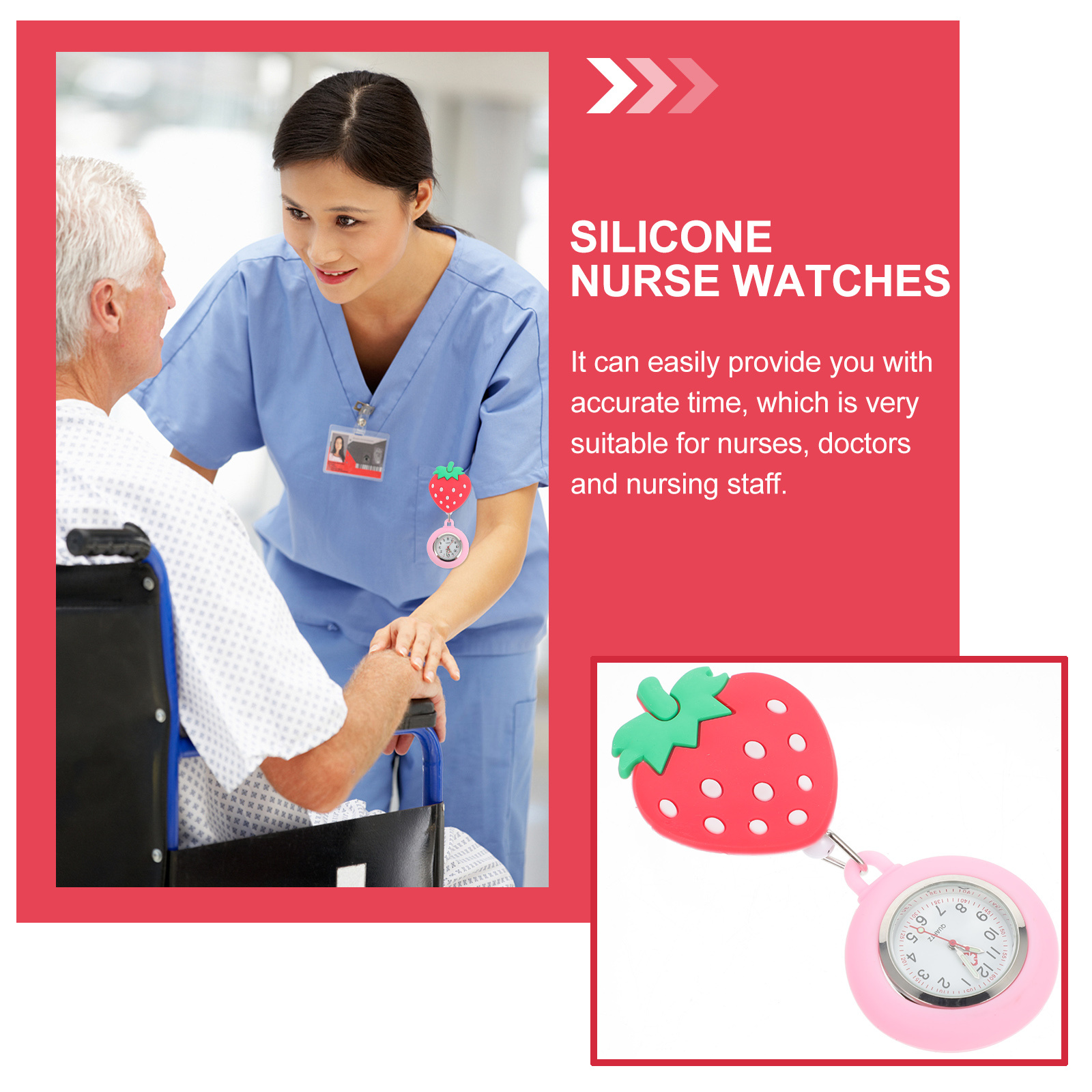 Nurse Pocket Watch Strawberry Design Stretchable Clip On Watches for Doctors Large Dial Chest Fob Timepiece Gifts