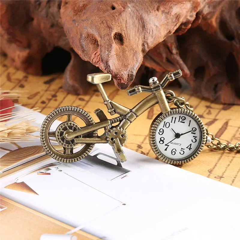 Vintage Bike Shape Clock Bicycle Men Women Quartz Analog Pocket Watch Pendant Necklace Chain Arabic Numeral Display Timepiece