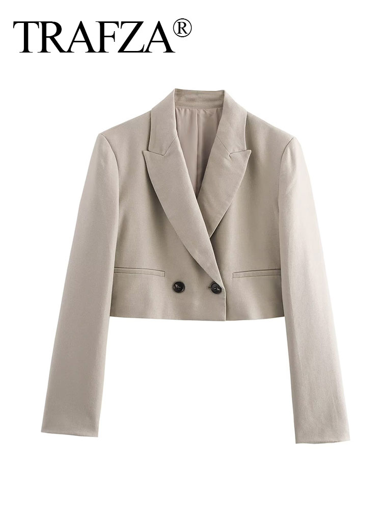 TRAFZA Retro Lapel Single Button Elegant Women&#039;s Office Long Sleeve Blazer Fashion Linen Blend Women&#039;s Summer Short Blazer Y2K