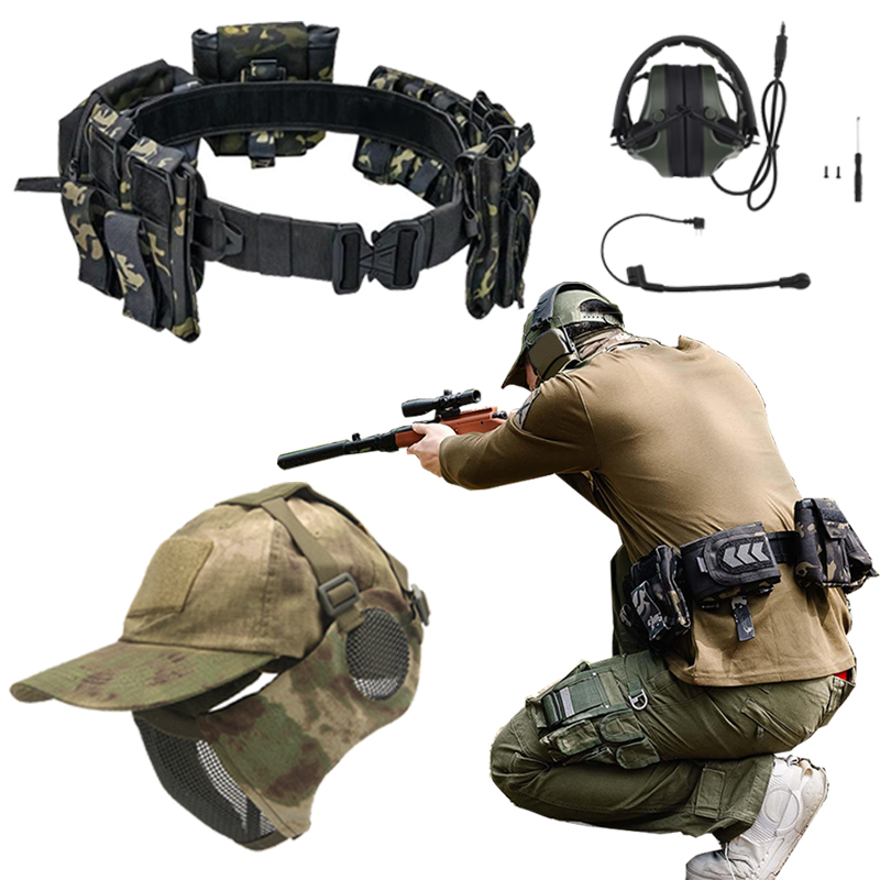 Outdoor Shooting Set With Half Face Breathable Mask Tactical 5 Piece Set Battle Belt Pickup Communication Headset For Wild Hunt