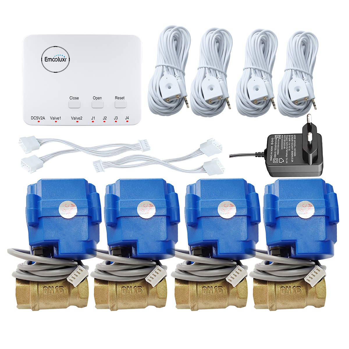 water leaking alarm system with 4pcs 6 meter long sensitive water sensors and 4pcs brass crane DN15 DN20 DN25