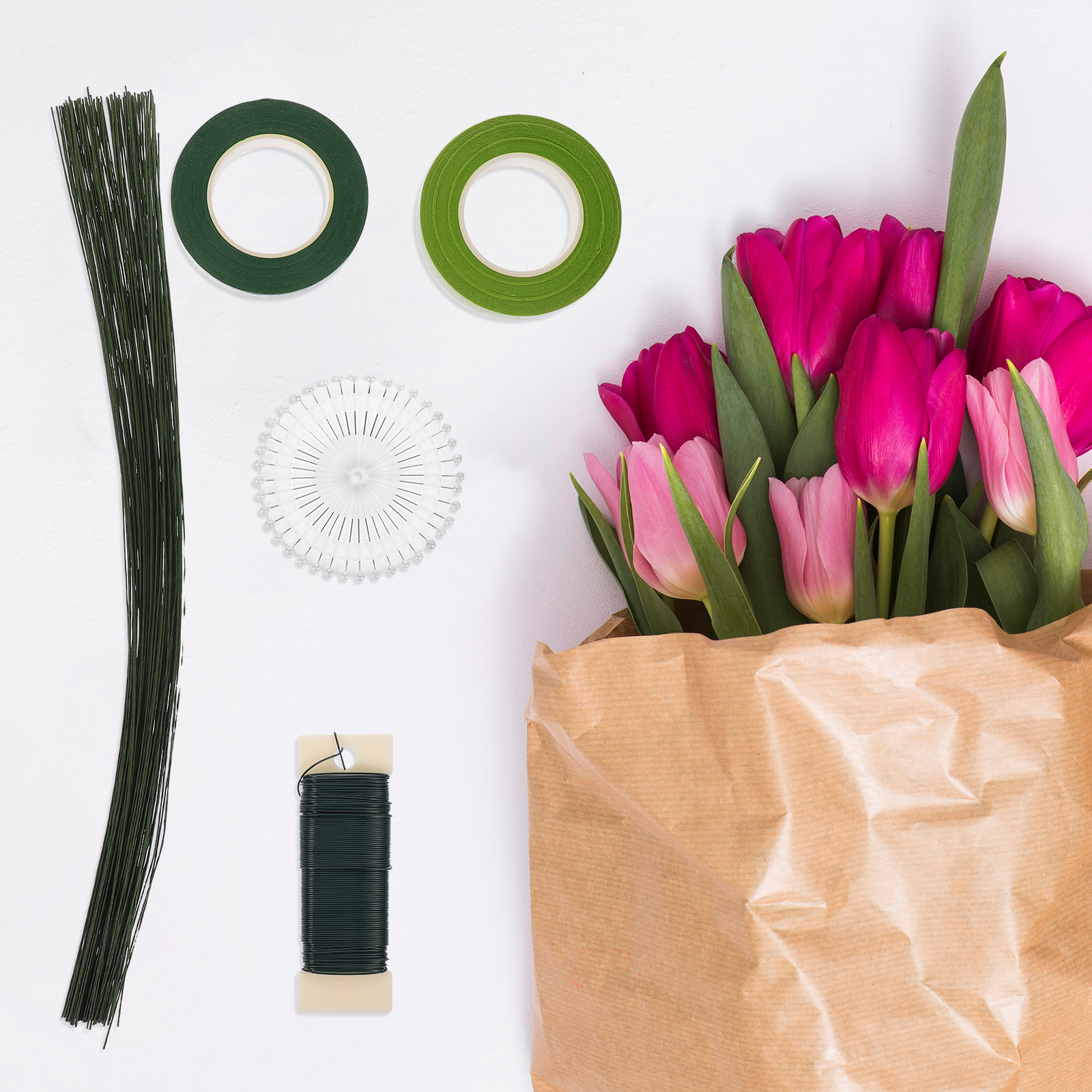 1 Set Diy Floral Stem Wires Paper Tapes Bouquet Wrapping Kit Wedding Home Garden Decoration Floral Arrangement Tools Fake Stems