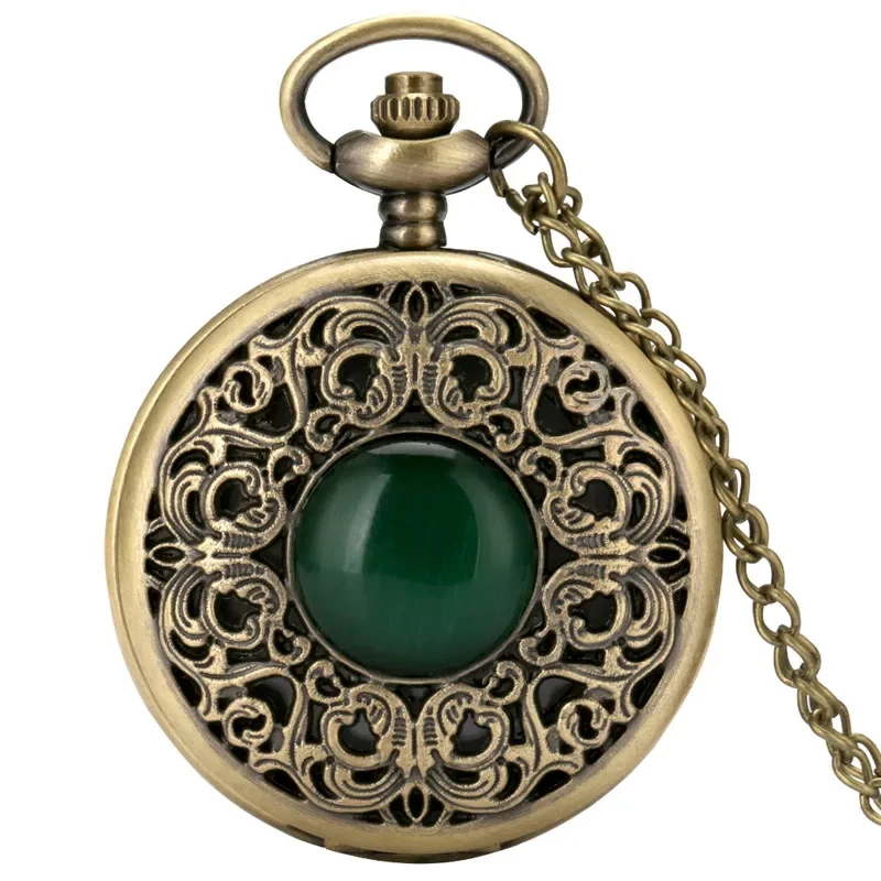 Antique Style Green Crystal Hollow Out Flower Case Men Women Quartz Analog Pocket Watch Necklace Sweater Chain Timepiece reloj