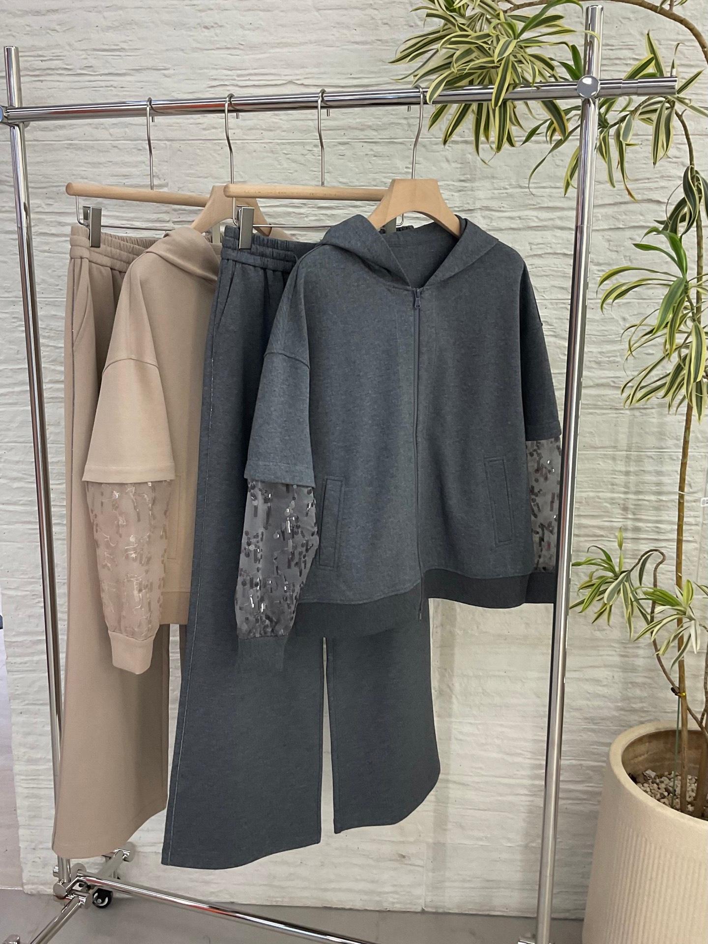 Luxurious women&#039;s autumn 2025 cotton sequined zipper jacket drawstring casual straight leg pants set