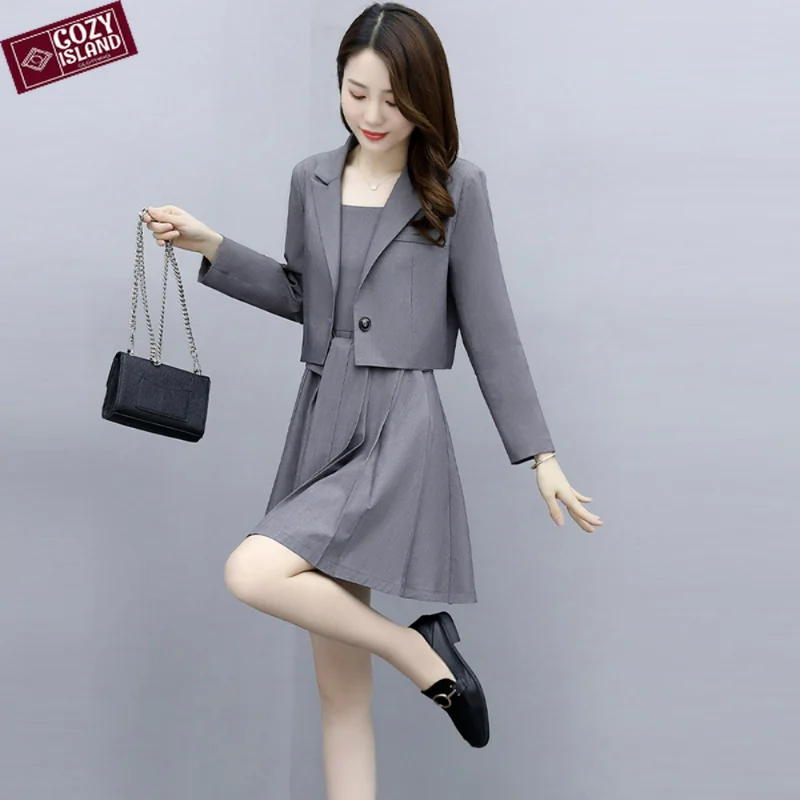 Blazers Suits Office Wear Women Dresses Sets Spring Slim Fit Short Pleated Dress 2 Piece Trendy Grace Fashion Look Thin Commute