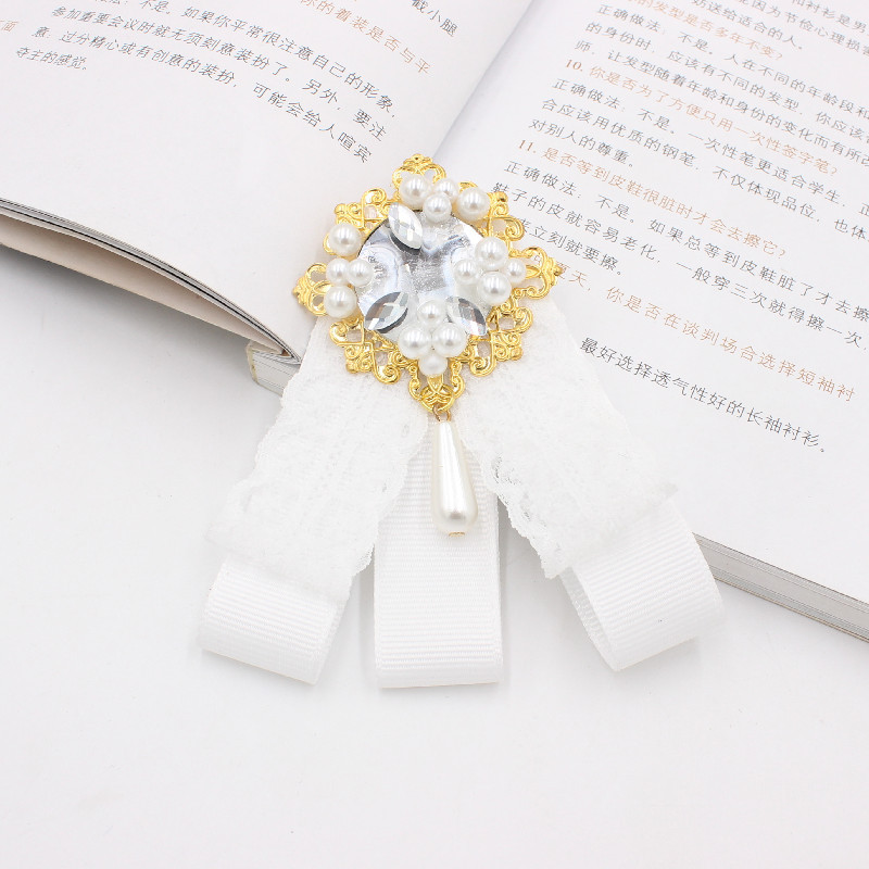 Lace Ribbon Rhinestone Bow Tie Brooch Korean Women&#039;s Suit Shirt Sweater Collar Flower Handmade Jewelry Pins Gifts for Women