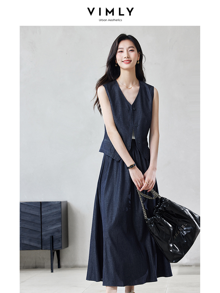 VIMLY Women Blazer Vest Skirt Suit Set Summer Office Chic Vest Coat+Elastic Waist Skirt Casual Workwear Commuting Suit