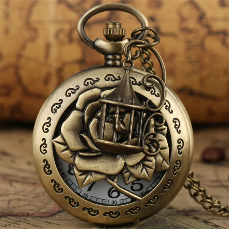 Bronze Beauty Hollow-Out Flower Design Women Men Retro Quartz Analog Pocket Watch Necklace Chain with Bird Cage Accessory