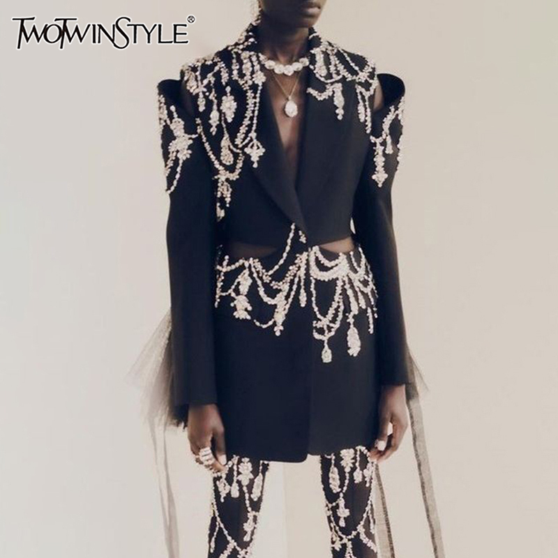 TWOTWINSTYLE Solid Spliced Diamonds Blazers For Women Notched Collar Long Sleeve Hollow Out Patchwork Button Chic Coat Female