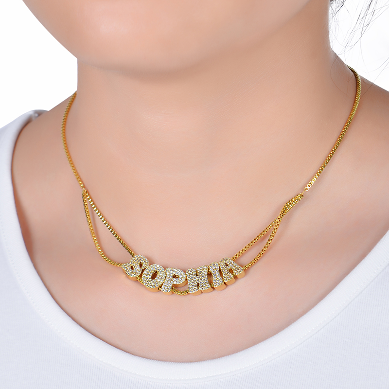 Sparkling Zircon 3D Bubble Letter Custom Name Necklace Doubel Chain Mesh Dainty Sliding Slider Letter Personalized Name Necklace