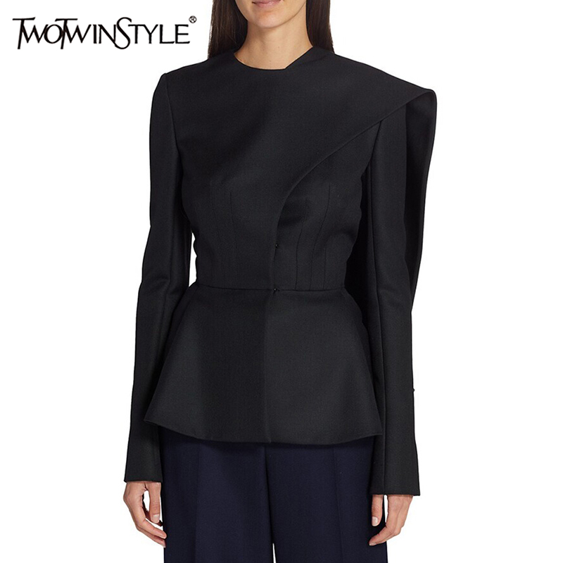 TWOTWINSTYLE Solid Asymmetrical Blazers For Women Round Neck Long Sleeve Tunic Minimalist Blazer Female Fashion Style Clothes