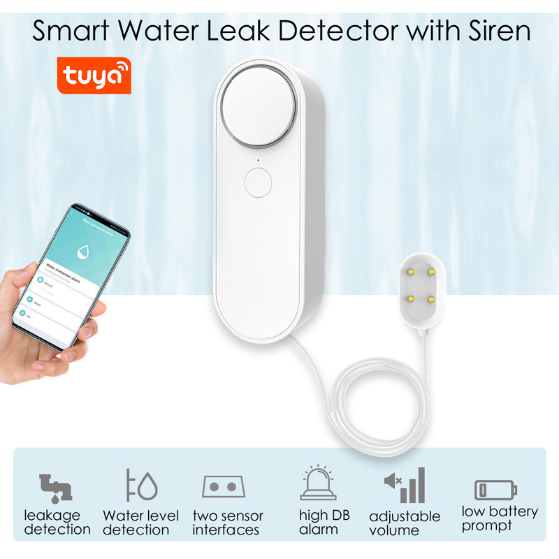 Smart Water Leak Detector with Siren Tuya WIFI Water Immersion Sound Alarm Household Intelligent Overflow Sensor Level Audible
