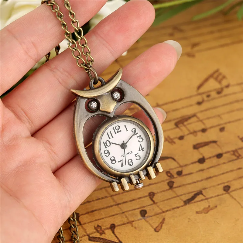 Lovely Owl Shape Watch Pendant Animal Pocket Watches Arabic Number Dial Quartz Movement Clock with Sweater Necklace Chain Reloj