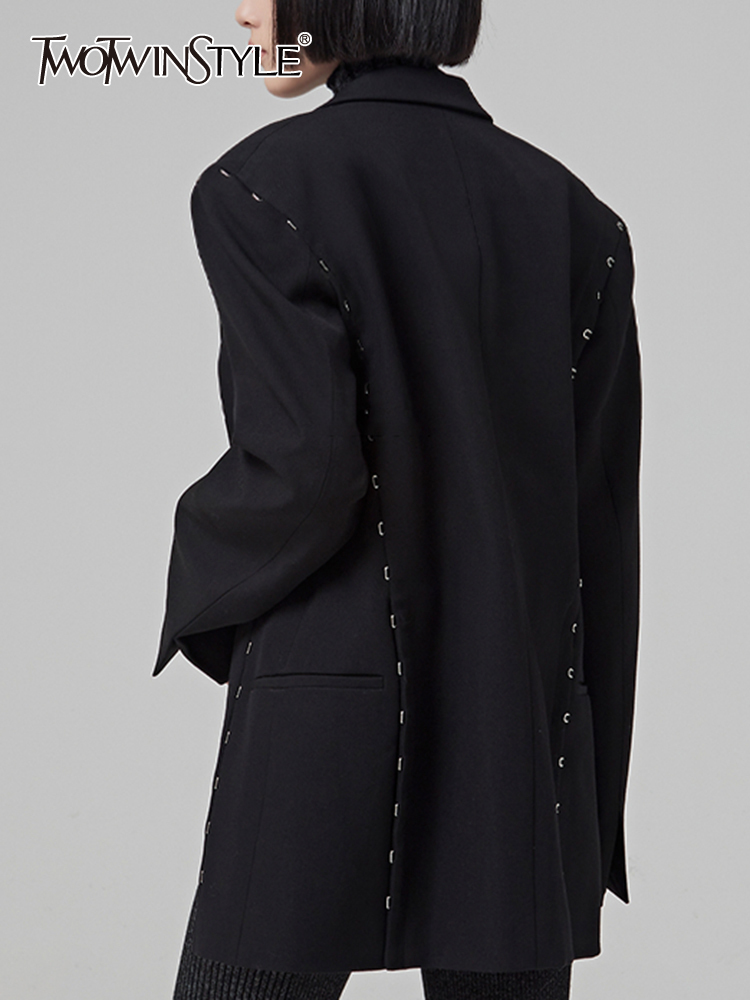 TWOTWINSTYLE Solid Casual Loose Blazers For Women Notched Collar Long Sleeve Patchwork Single Breasted Minimalist Blazer Female