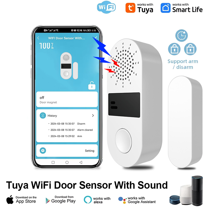 Tuya WiFi Door Window Sensor Sound and Light Alarm Home Security Wireless Magnetic Anti-Theft Smart Voice Control Protection