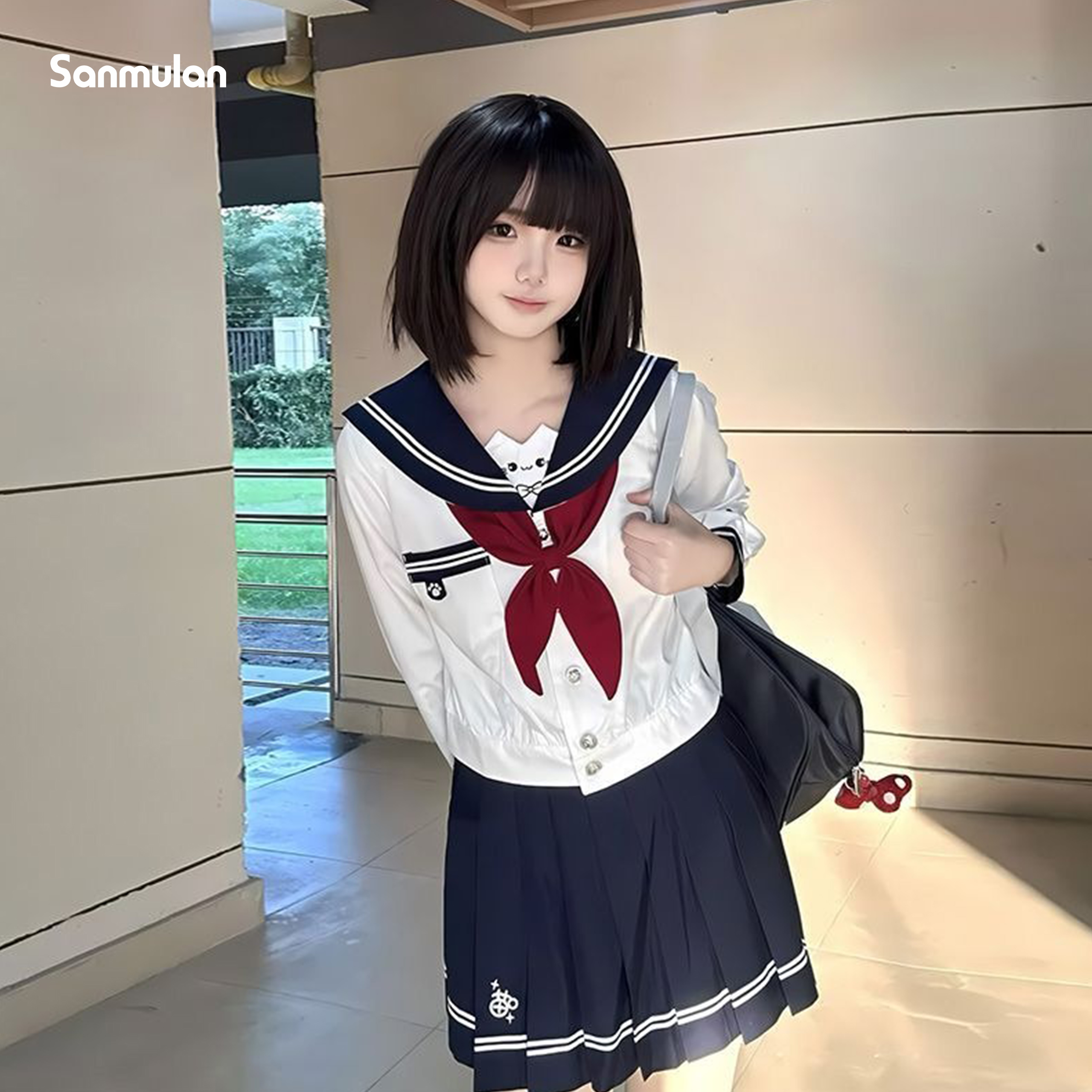 Japanese Korean Campus Style Cute Cat Sailor Suit Embroidery Jk Long-sleeved Suit Costumes Jk Uniform Black and Blue Two-tone