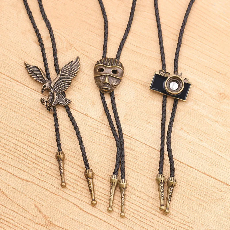 Fashion Bolo Tie Hand-knitted Leather Rope Long Sweater Chain Retro Camera Eagle Mask Necklace Wholesale Bow Tie