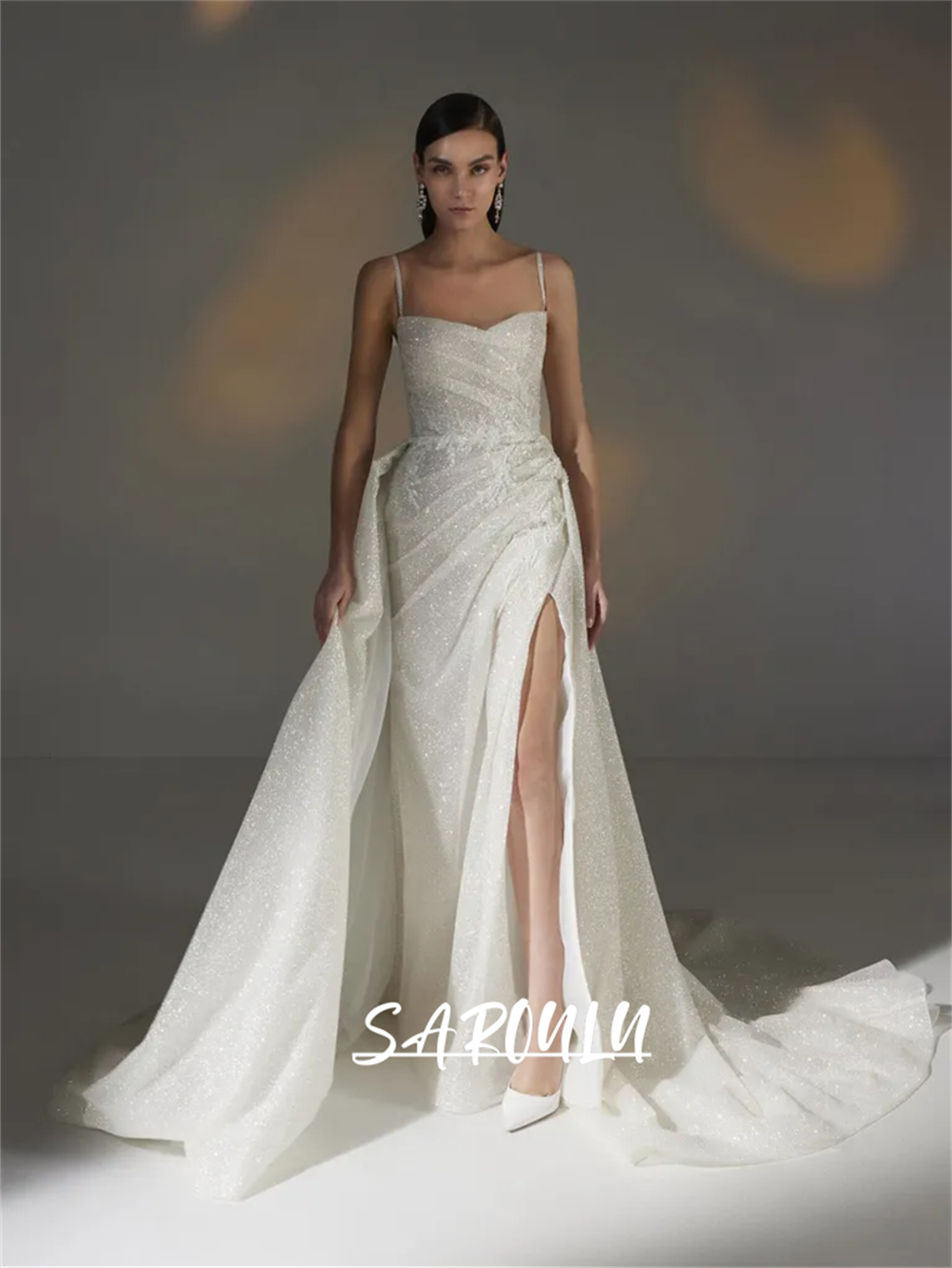 Two-Piece Women's Glitter Wedding Dress, Spaghetti Straps Beading Appliques Bridal Gown, Customized Modern Bride Dresses