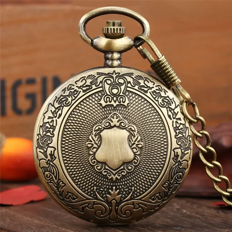 Antique Engraved Shield Cover Men Women Quartz Movement Pocket Watch Roman Number Display FOB Pendant Chain Clock
