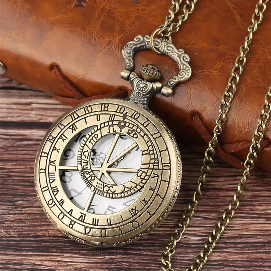 Antique Hollow Out Geometry Case Men Women Quartz Analog Pocket Watch Half Hunter Pendant Necklace Fob Chain Classic Clock