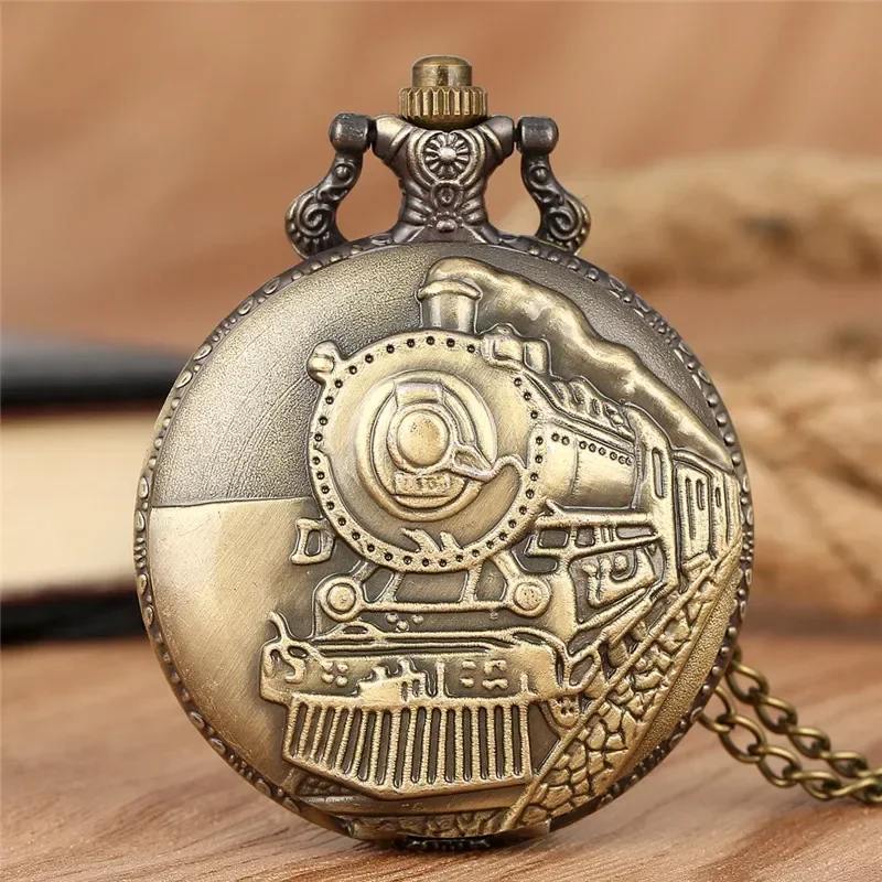 Bronze Carved Locomotive Engine Train Men Women Quartz Pocket Watch Necklace Chain Pendant Clock Arabic Number Display Hours