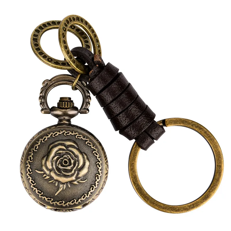 Retro 3D Engraved Rose Flower Case Pendant Quartz Pocket Watch with Key Ring Small Size Clock Arabic Number Display Collectable