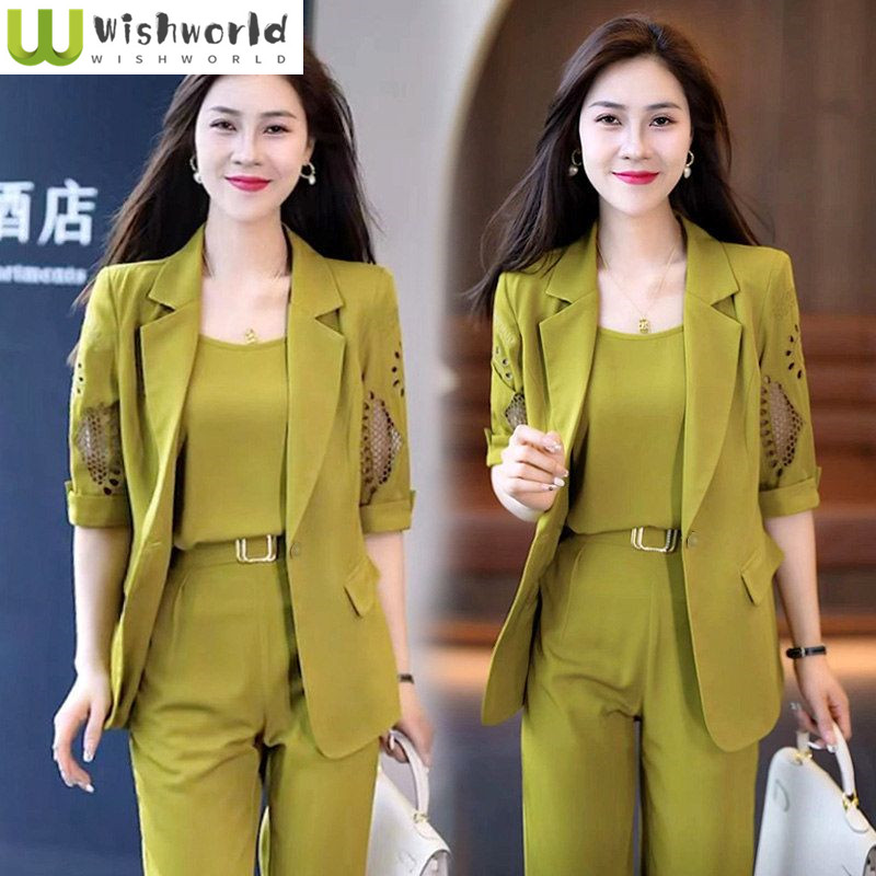 2025 Autumn New Vintage Hollow Short Sleeve Jacket with Tank Top Casual Pants Three Piece Elegant Women&#039;s Pants Suit Office Set