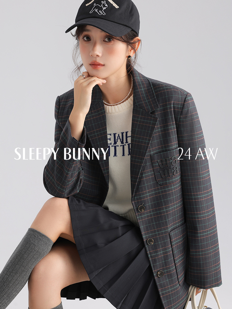 Preppy Style Plaid Blazer and Pleated Skirt Set Women&#039;s Autumn Outfit with Short-Sleeve Embroidered Top Casual Vintage Look