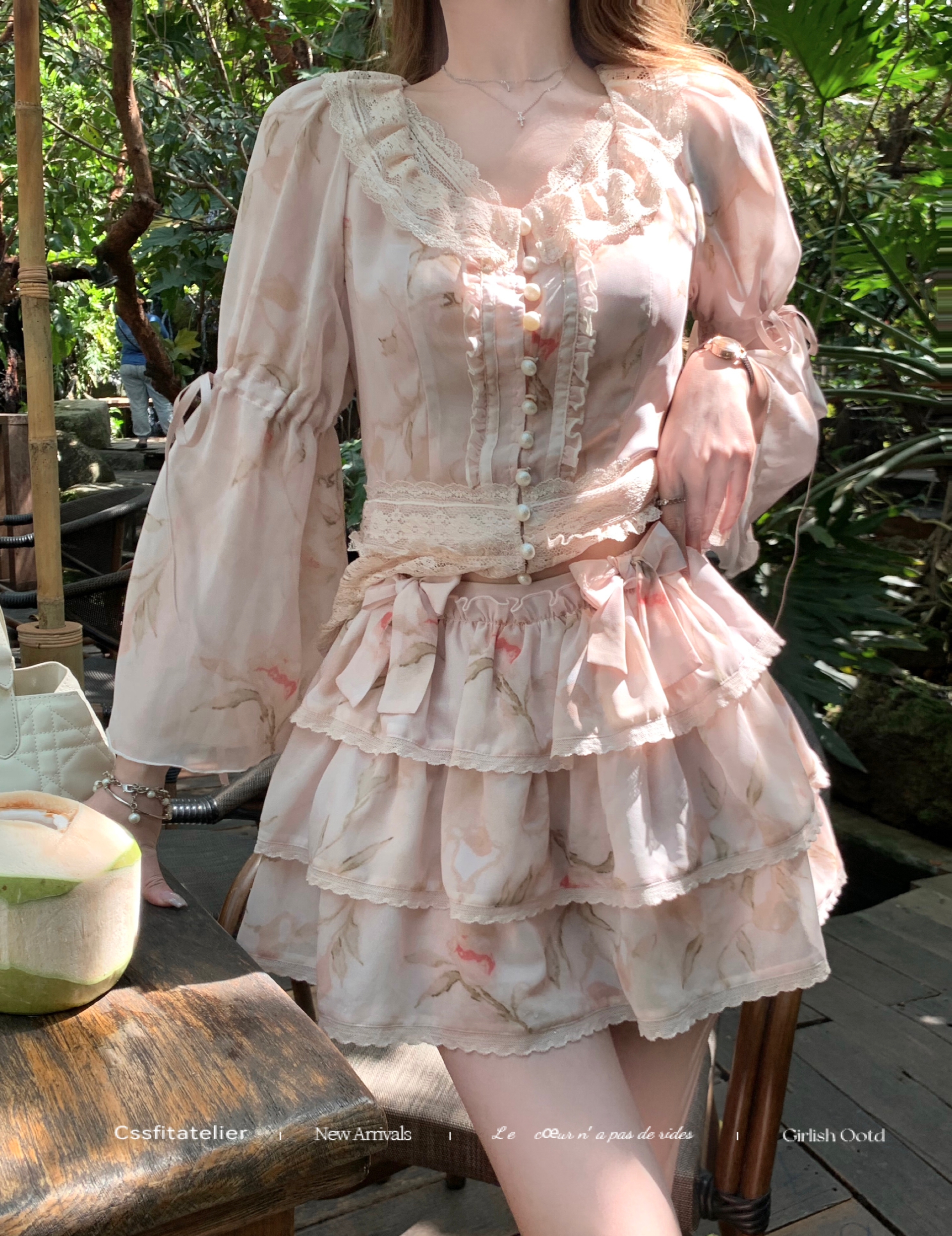 Women Print Lace Two Pieces Sets French Elegant Spliced Ruffles Slim Waist Lace-up O-Neck Top + Cake A-Line Skirt Summer Fashion