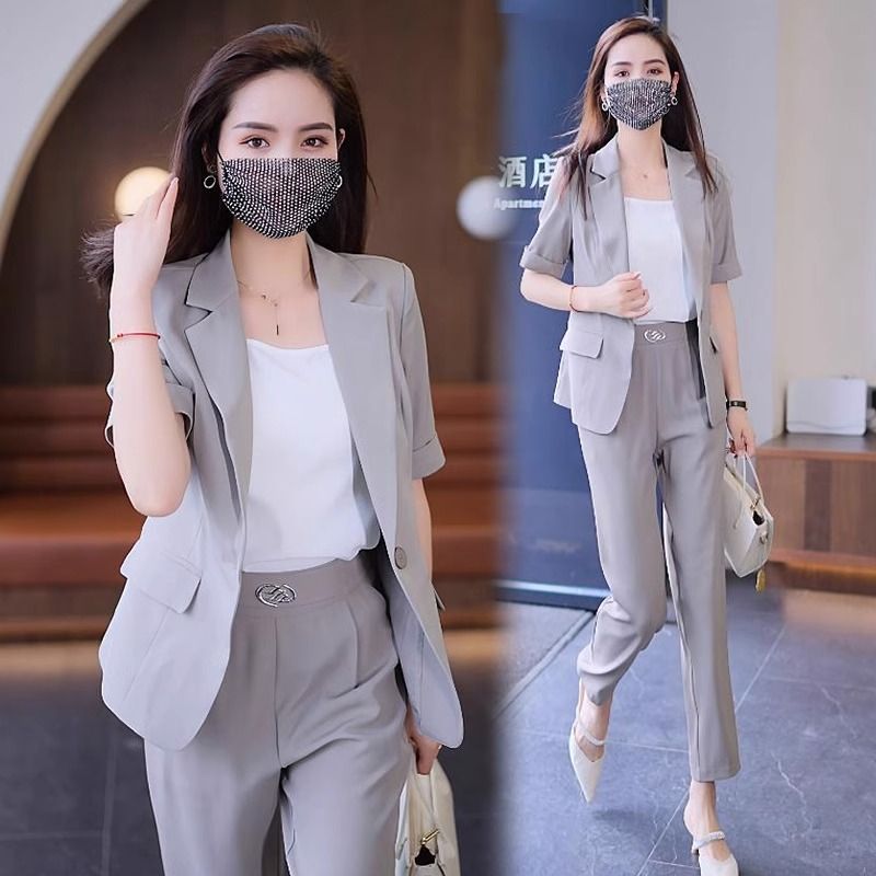 Women&#039;s Summer New Fashion Short Sleeved Suit Pants Two Piece Korean Elegant Thin Casual Blazers Jacket Trousers Matching Set