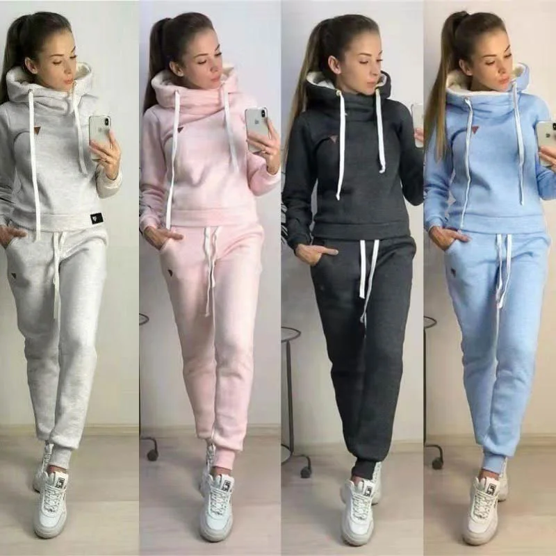 Solid Women Tracksuit Casual Hoodies Sweatshirt Pant Set Lounge Wear Sport Suit 2PCS Autumn Winter Clothes