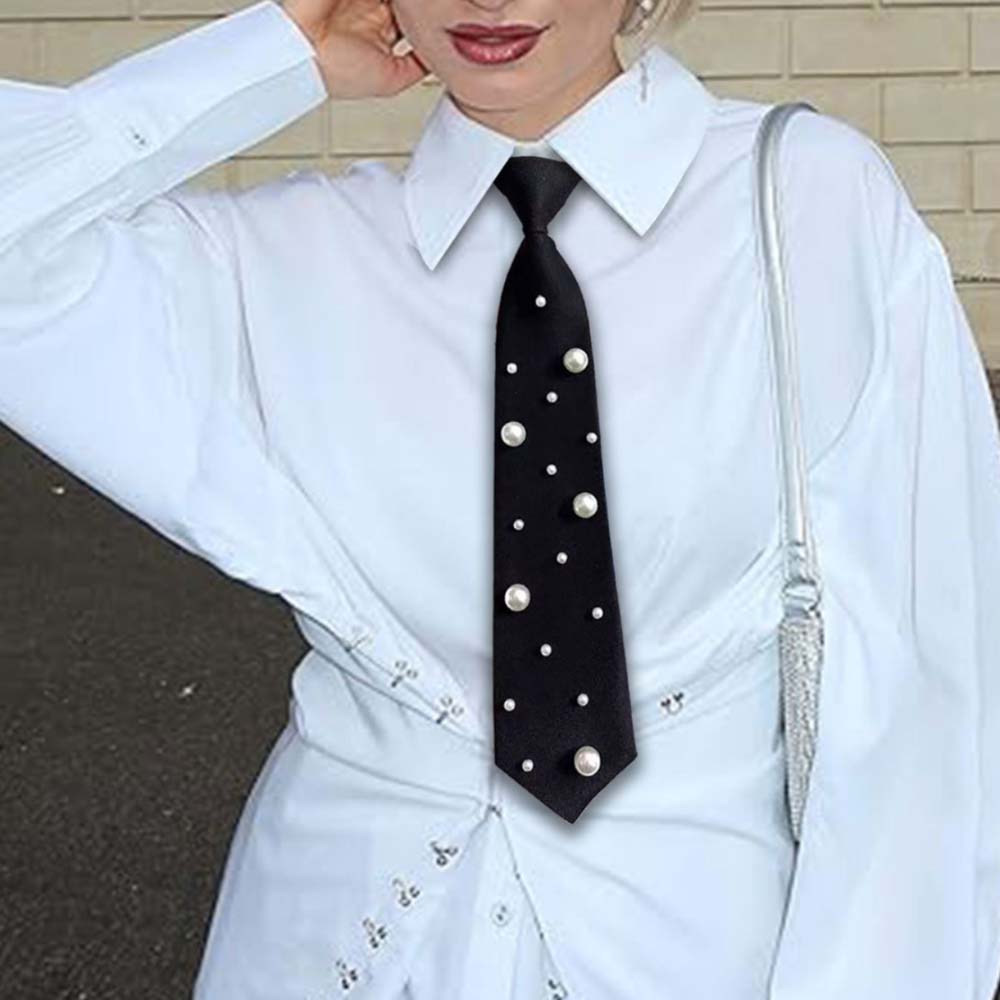 Korean Style Pearls Tie Black Choker Hand-beaded Long Necktie Academic Style Collares Decoration Shirt Tie Kids