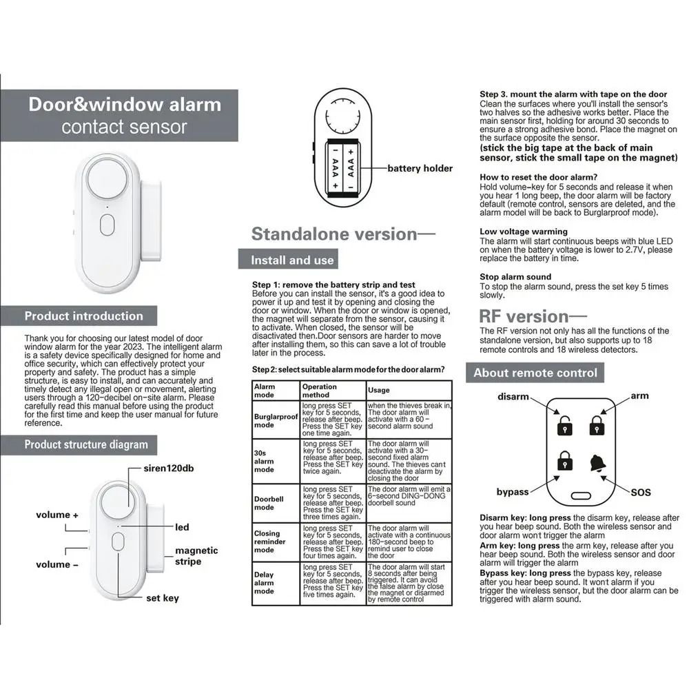 Durable 120Db Door Window Alarm Multifunctional Wireless Closing Beep Reminder White Magnetic Sensor Living Room