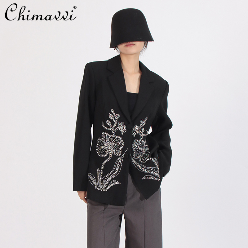 Elegant High-End Versatile Commuter Office Lady Suits Heavy Industry Diamond Beaded Flower Single-Breasted Black Blazers Women