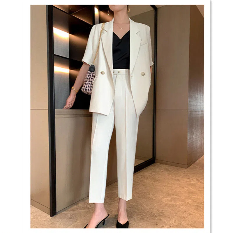 High quality Thin suit women 2024 new high-end professional short sleeve small suit jacket nine points pants 2-pc set