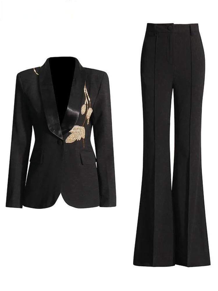 High Quality Women&#039;s Blazer With Gold Floral Embroidery Chic Formal Two Piece Set Stylish Coat And Flared Trousersкостюм