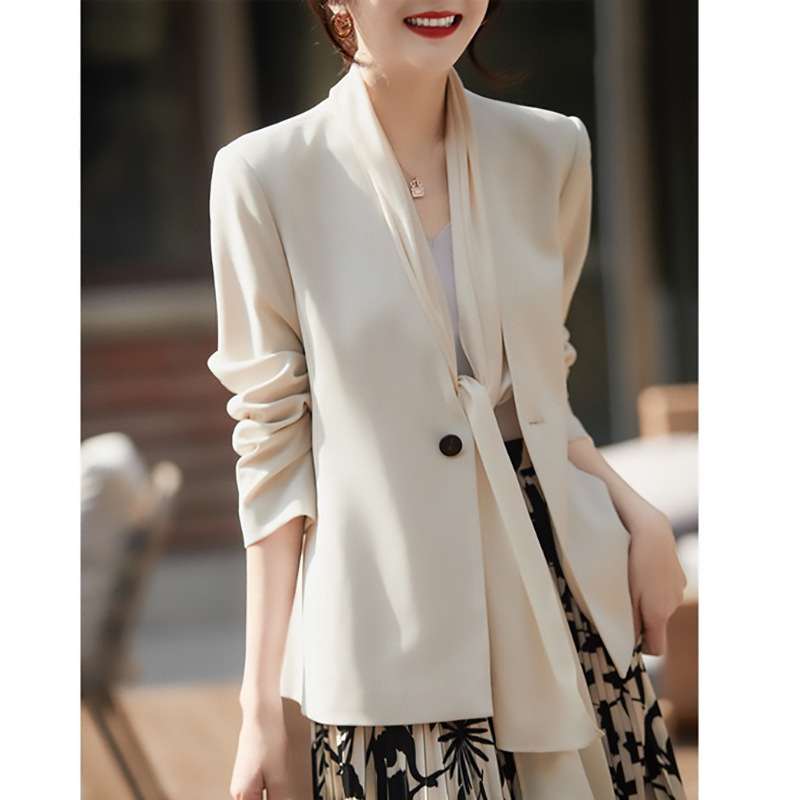 Ribbon Acetate Suit Jacket Women Spring Blazers Elegant Style One Button Multi-wearing Clothing Vertical Smooth Ladies Coats