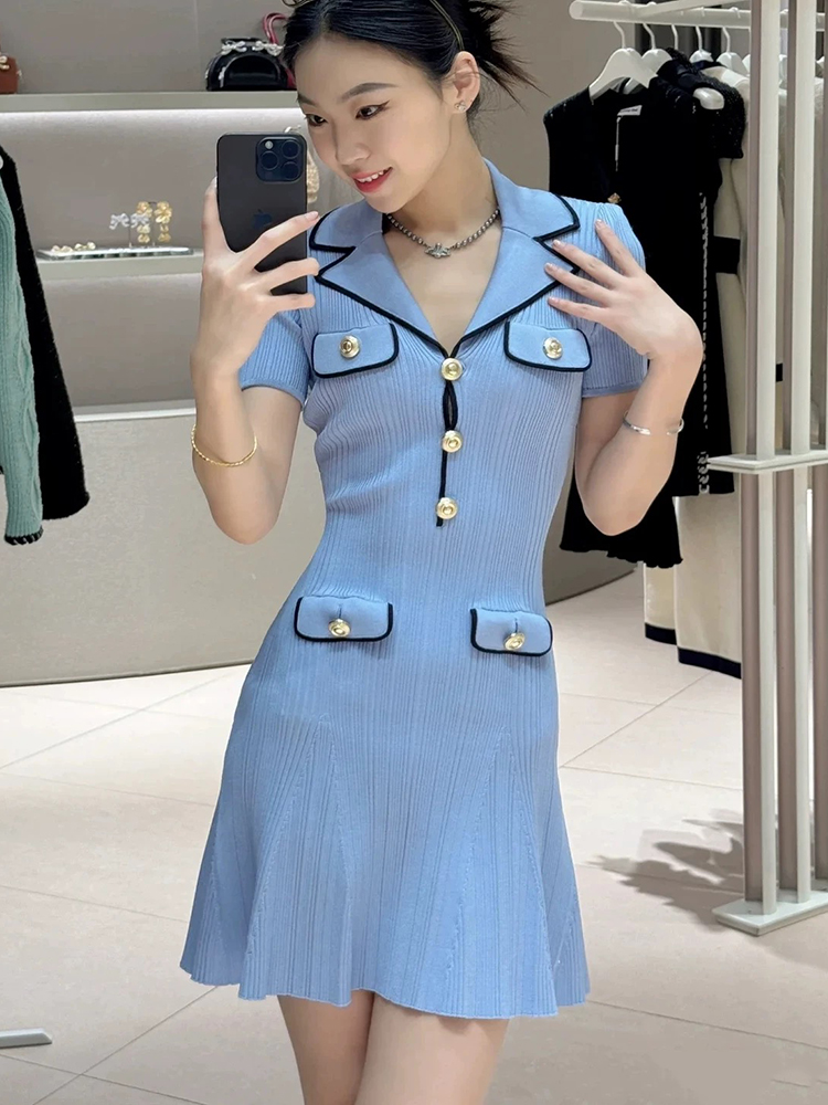 V-neck short-sleeved knitted dress temperament elastic slim-fit women&#039;s dress spring new mist A-word dresses vestidos para mujer