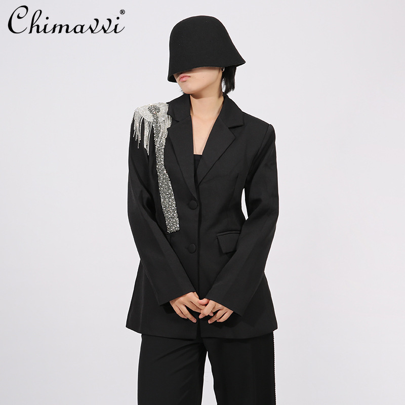 French Elegant Commuting Office Lady Jacket Coat Heavy Industry Diamond Bead Single-Breasted Slim Versatile Black Blazers Women