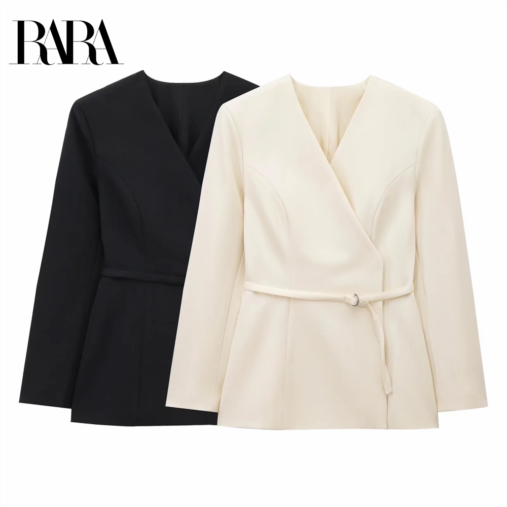 2025 RARA Women&#039;s Wrap - style Blazers with Belted Waist in Black and Cream for a Sophisticated Look