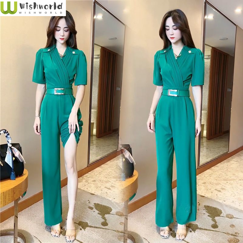 Temperament Fashion Jumpsuit 2023 Spring/Summer Korean Version New Short Sleeve Fashionable Waist Slim Wide Leg Jumpsuit