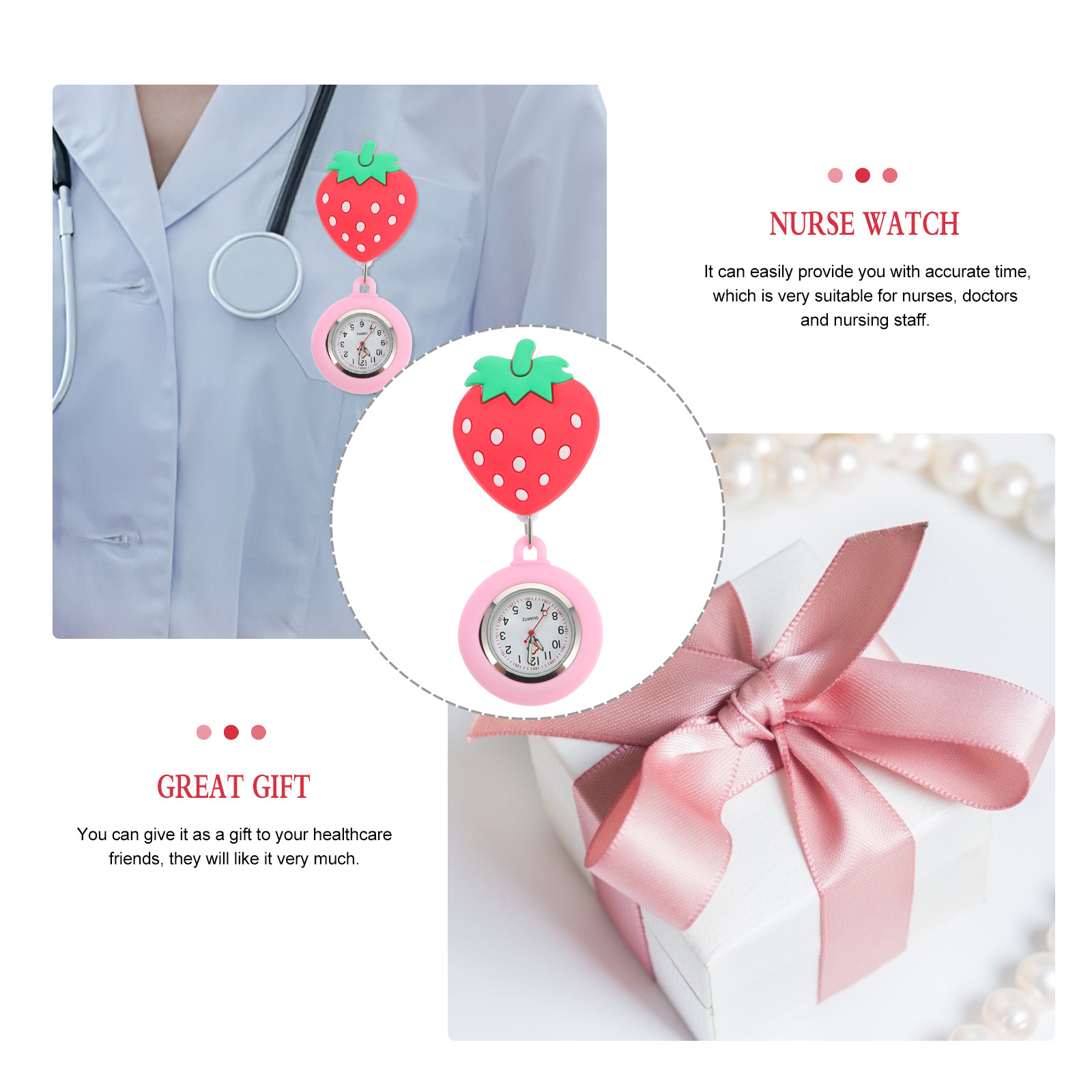 Nurse Pocket Zinc Alloy Glass Silicone Strawberry Design Clip On Large Dial Stretchable Doctor Gifts Red Color Nurse Hanging