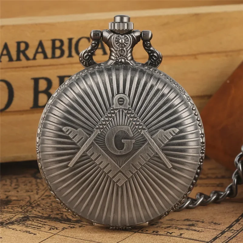 Classic Masonic Freemasonry Theme Retro Necklace Pendant Quartz Pocket Watch Sweater Pendant Chain Gift Clock for Freemason