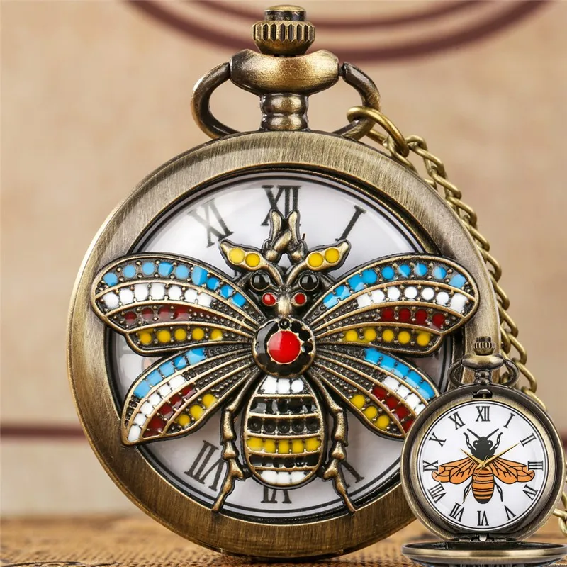 Bronze Pocket Watch Hollow Out Animal Bee Cover Men Women Quartz Analog Clock Roman Number Dial Fob Sweater Chain Timepiece