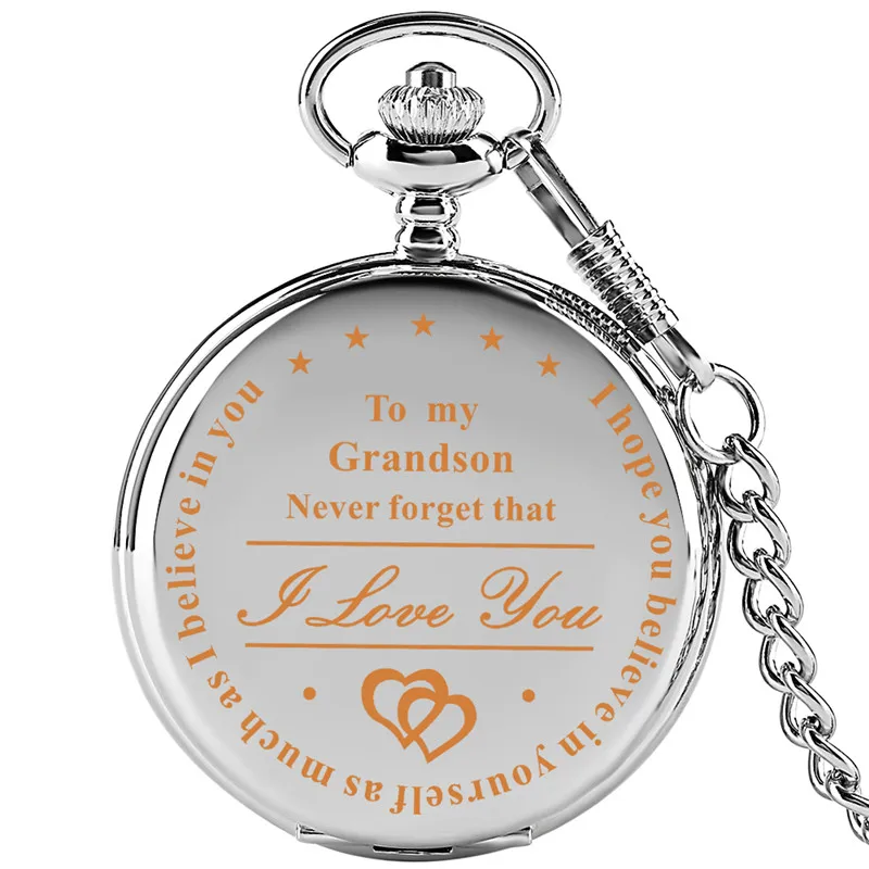 Steampunk I Love You To My Grandson Black Silver Quartz Pocket Watch for Boy Kids Clock Fob Pendant Chain Gift Reloj de bolsillo