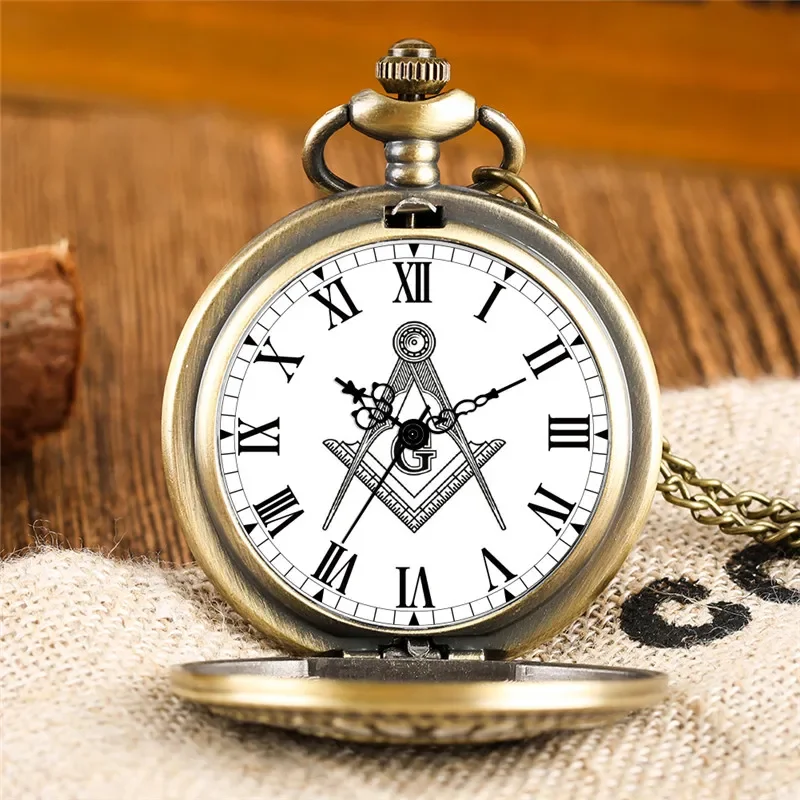 Vintage Bronze Freemason Masonic G Unisex Quartz Pocket Watch Pendant Necklace Chain Roman Number Dial Masonero