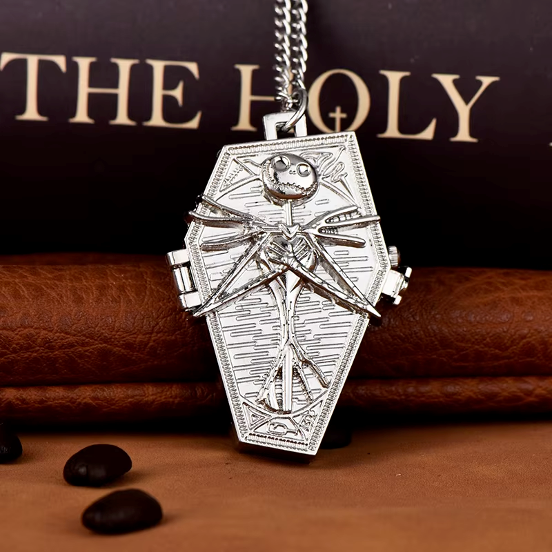 Silver ghost head pattern pocket watch Irregular shape pocket watch Ghost head digital black face quartz necklace watch