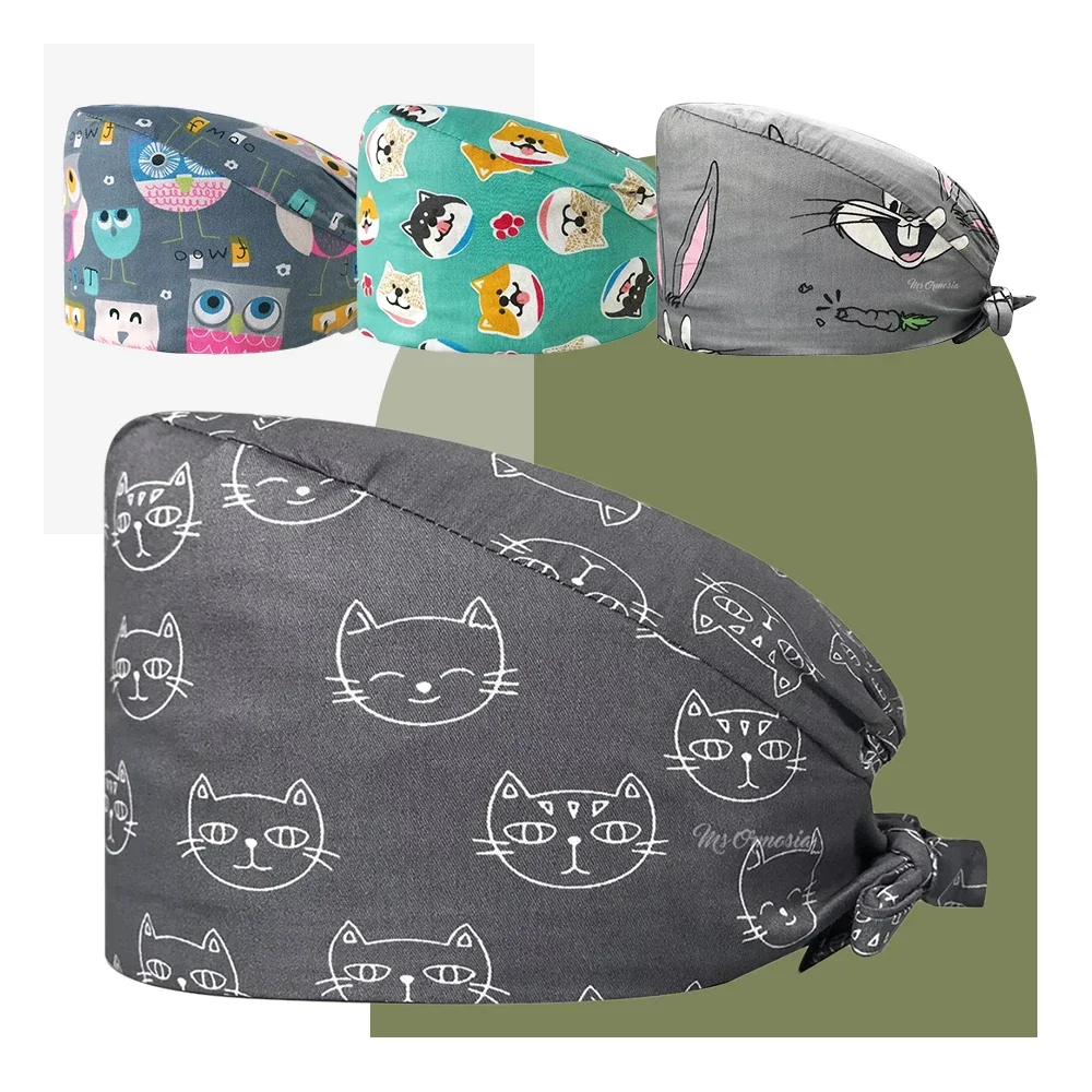 New Cartoon Printing Hospital Nurse Caps Premium Cotton Surgical Hats No Fading Pediatrician Vet Chef Working Caps